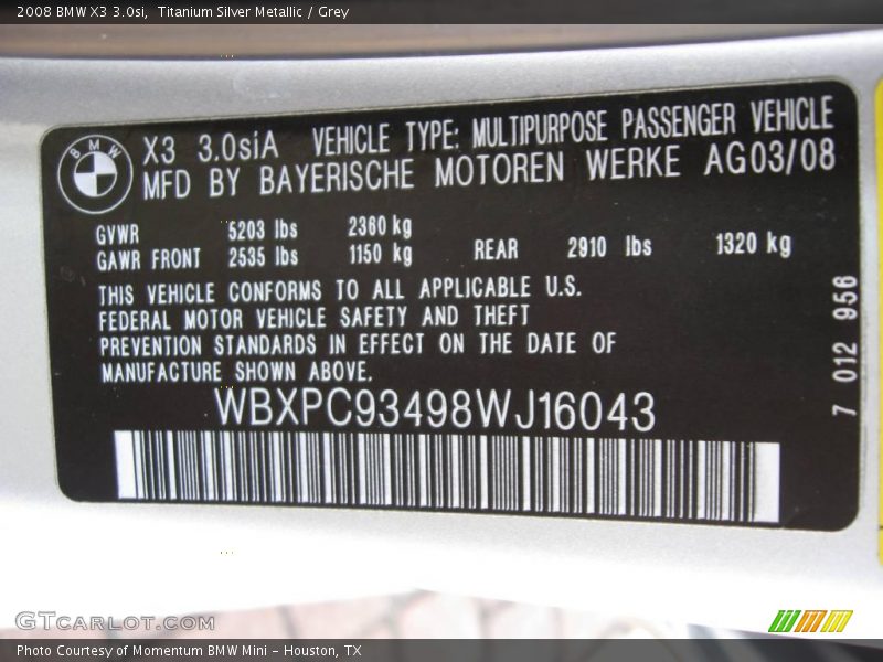 Titanium Silver Metallic / Grey 2008 BMW X3 3.0si