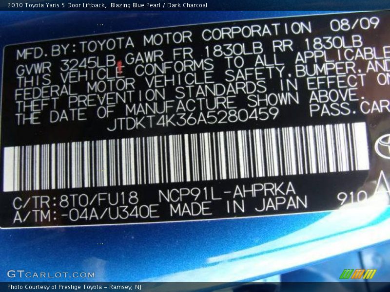 Blazing Blue Pearl / Dark Charcoal 2010 Toyota Yaris 5 Door Liftback