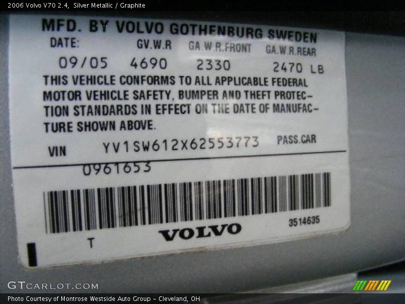 Silver Metallic / Graphite 2006 Volvo V70 2.4