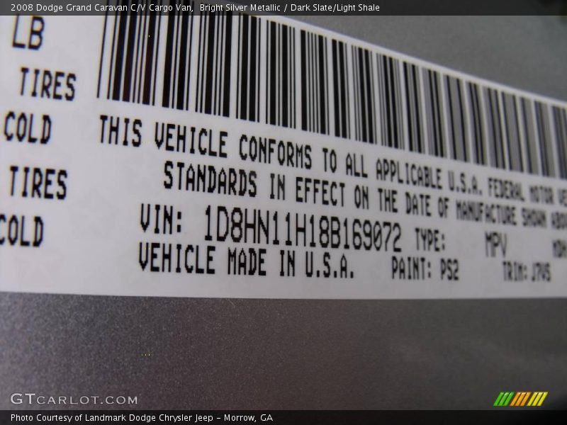 Bright Silver Metallic / Dark Slate/Light Shale 2008 Dodge Grand Caravan C/V Cargo Van