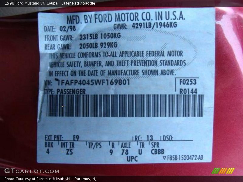 Laser Red / Saddle 1998 Ford Mustang V6 Coupe