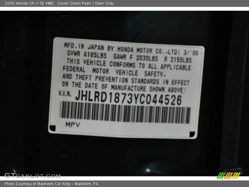 Clover Green Pearl / Dark Gray 2000 Honda CR-V SE 4WD