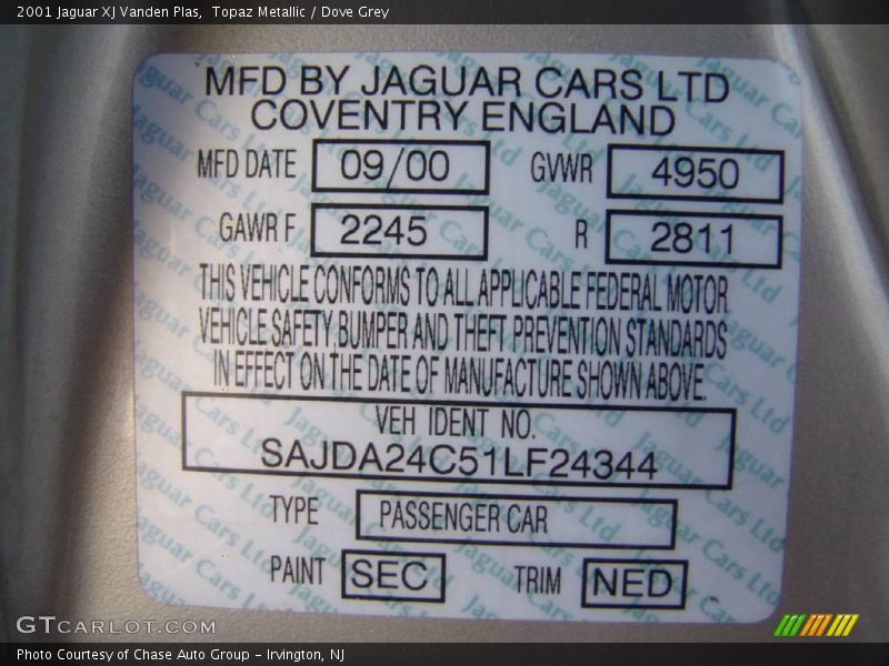 Topaz Metallic / Dove Grey 2001 Jaguar XJ Vanden Plas