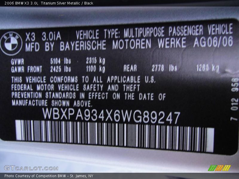 Titanium Silver Metallic / Black 2006 BMW X3 3.0i