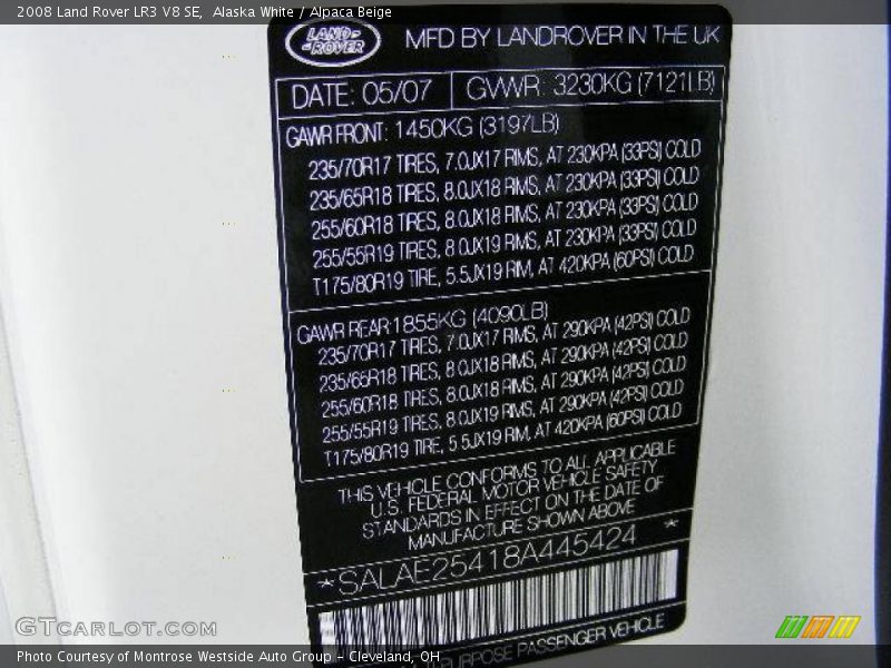 Alaska White / Alpaca Beige 2008 Land Rover LR3 V8 SE