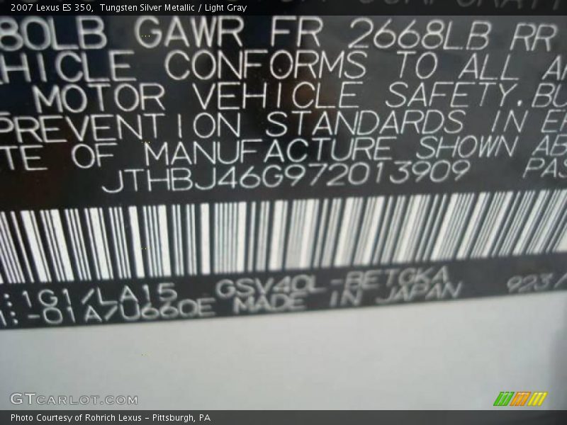 Tungsten Silver Metallic / Light Gray 2007 Lexus ES 350