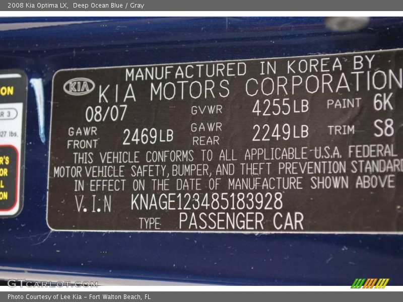Deep Ocean Blue / Gray 2008 Kia Optima LX