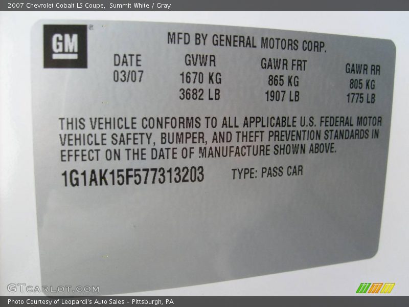 Summit White / Gray 2007 Chevrolet Cobalt LS Coupe