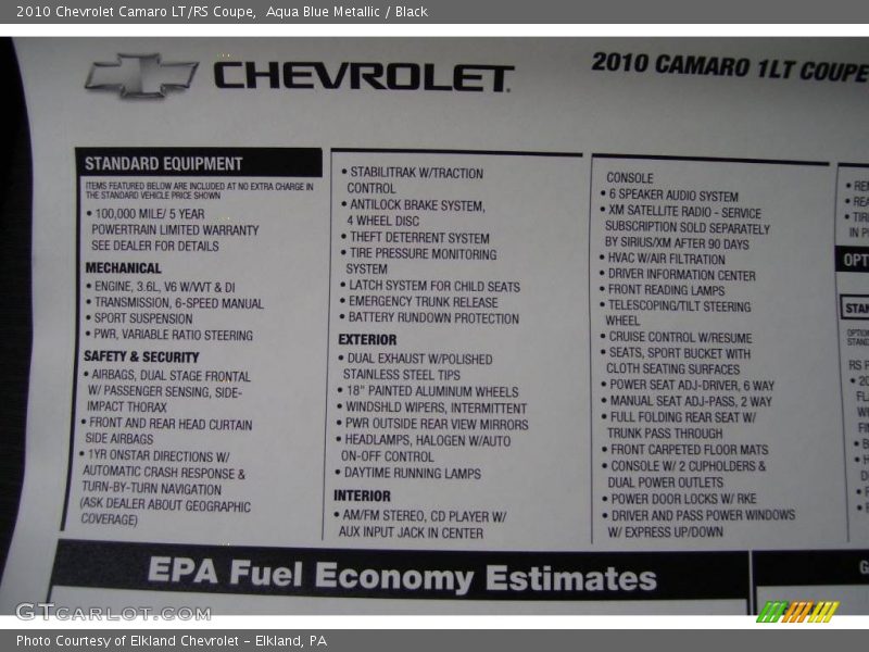 Aqua Blue Metallic / Black 2010 Chevrolet Camaro LT/RS Coupe
