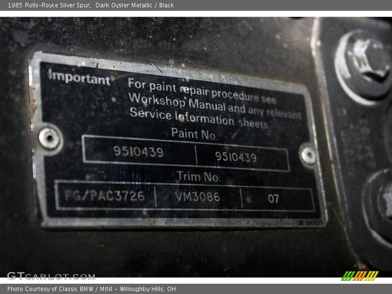 Dark Oyster Metallic / Black 1985 Rolls-Royce Silver Spur