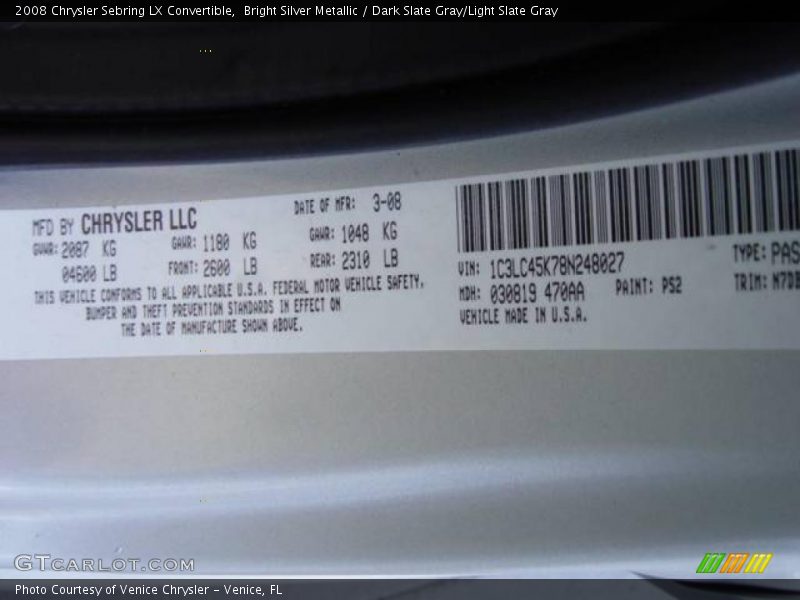 Bright Silver Metallic / Dark Slate Gray/Light Slate Gray 2008 Chrysler Sebring LX Convertible