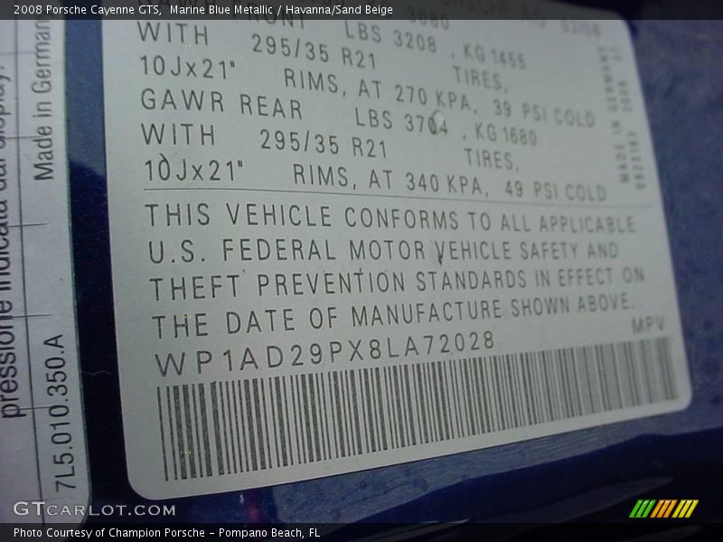 Marine Blue Metallic / Havanna/Sand Beige 2008 Porsche Cayenne GTS