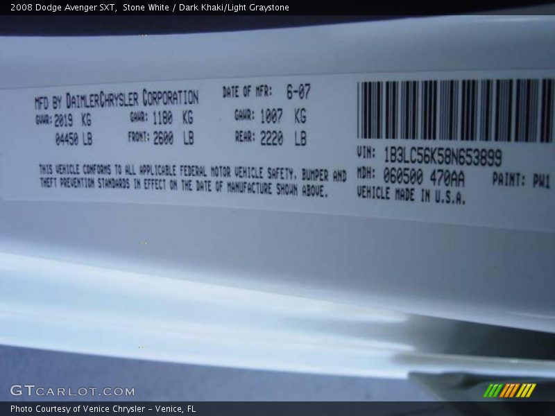 2008 Avenger SXT Stone White Color Code PW1