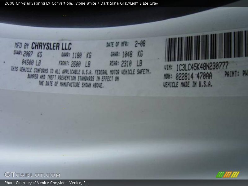 Stone White / Dark Slate Gray/Light Slate Gray 2008 Chrysler Sebring LX Convertible