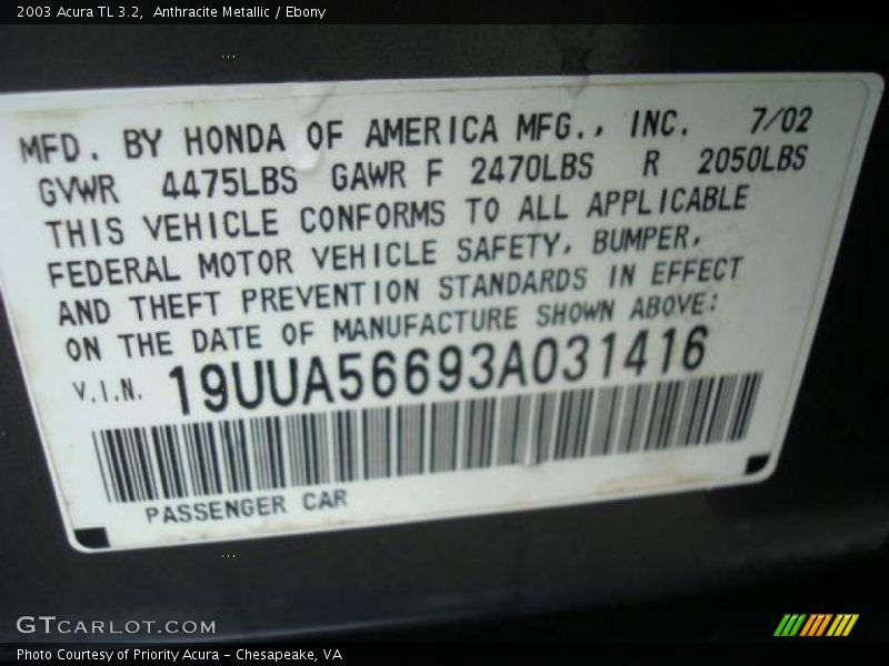 Anthracite Metallic / Ebony 2003 Acura TL 3.2