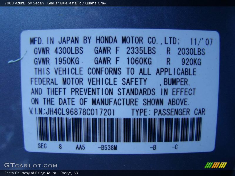 2008 TSX Sedan Glacier Blue Metallic Color Code B538M