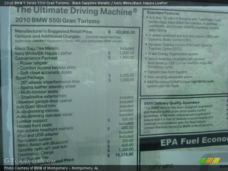 Black Sapphire Metallic / Ivory White/Black Nappa Leather 2010 BMW 5 Series 550i Gran Turismo