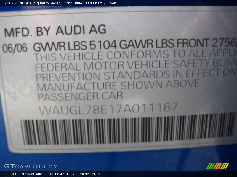 Sprint Blue Pearl Effect / Silver 2007 Audi S4 4.2 quattro Sedan