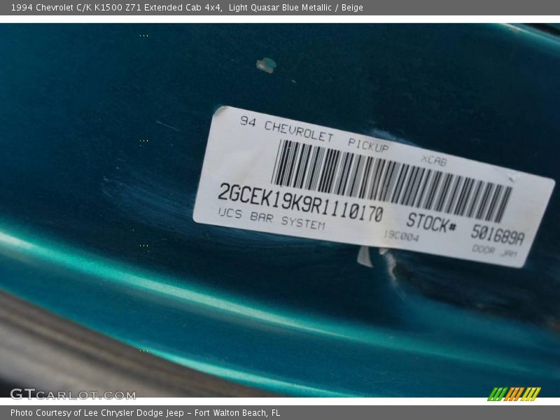Light Quasar Blue Metallic / Beige 1994 Chevrolet C/K K1500 Z71 Extended Cab 4x4