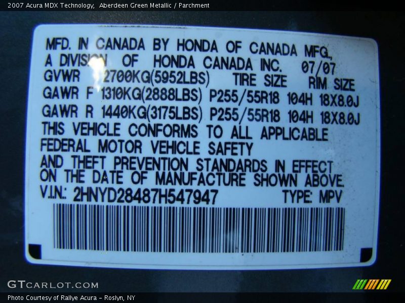 Aberdeen Green Metallic / Parchment 2007 Acura MDX Technology