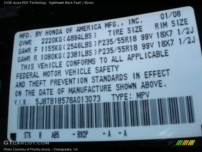 Nighthawk Black Pearl / Ebony 2008 Acura RDX Technology
