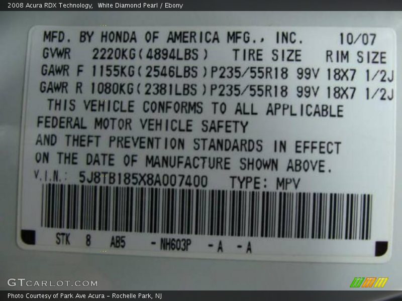 White Diamond Pearl / Ebony 2008 Acura RDX Technology