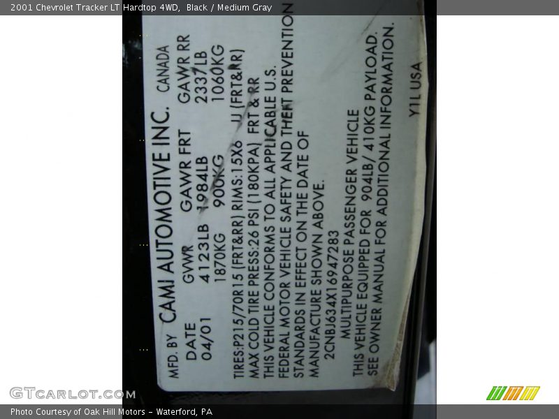 Black / Medium Gray 2001 Chevrolet Tracker LT Hardtop 4WD