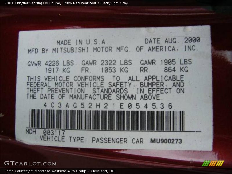 Ruby Red Pearlcoat / Black/Light Gray 2001 Chrysler Sebring LXi Coupe
