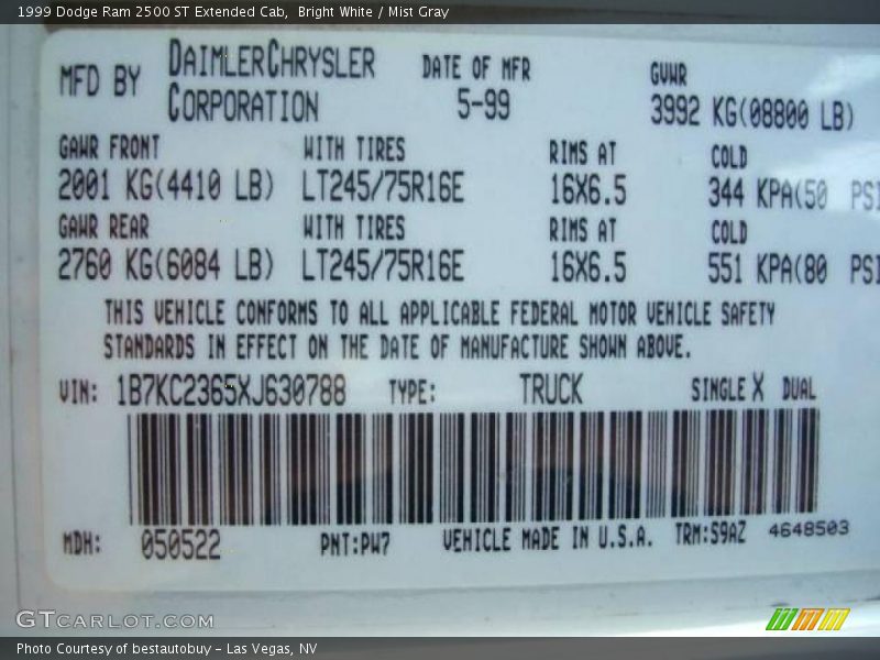 Bright White / Mist Gray 1999 Dodge Ram 2500 ST Extended Cab