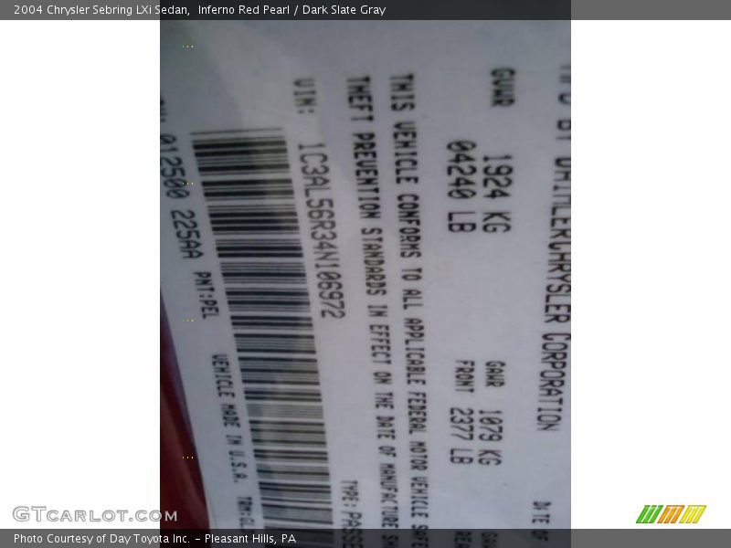 Inferno Red Pearl / Dark Slate Gray 2004 Chrysler Sebring LXi Sedan