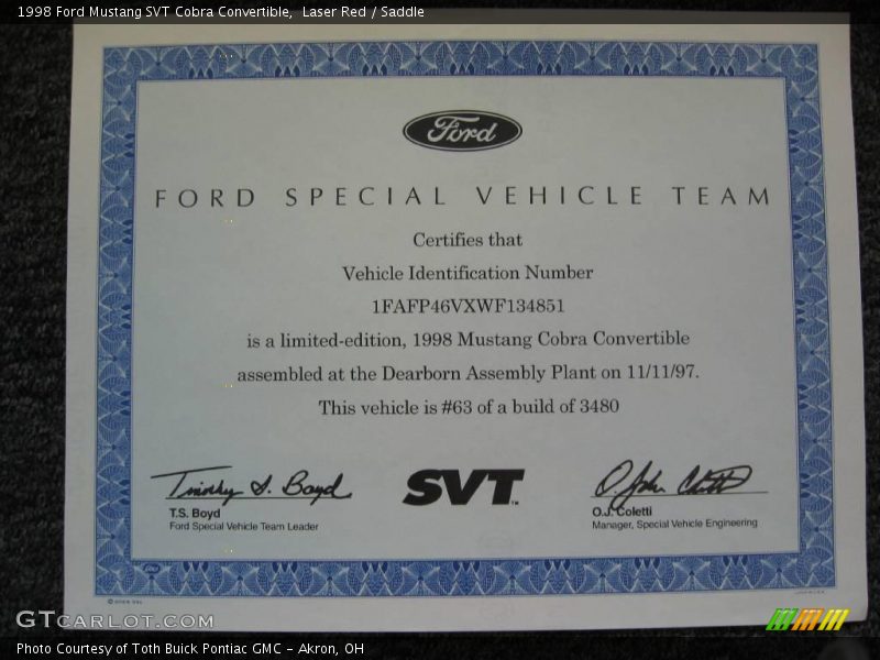 Laser Red / Saddle 1998 Ford Mustang SVT Cobra Convertible