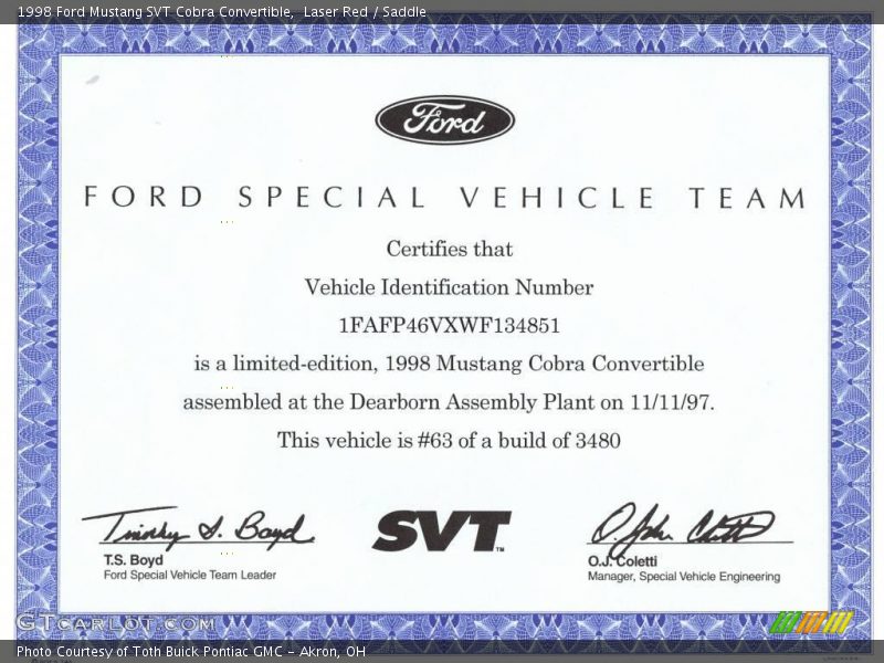 Laser Red / Saddle 1998 Ford Mustang SVT Cobra Convertible