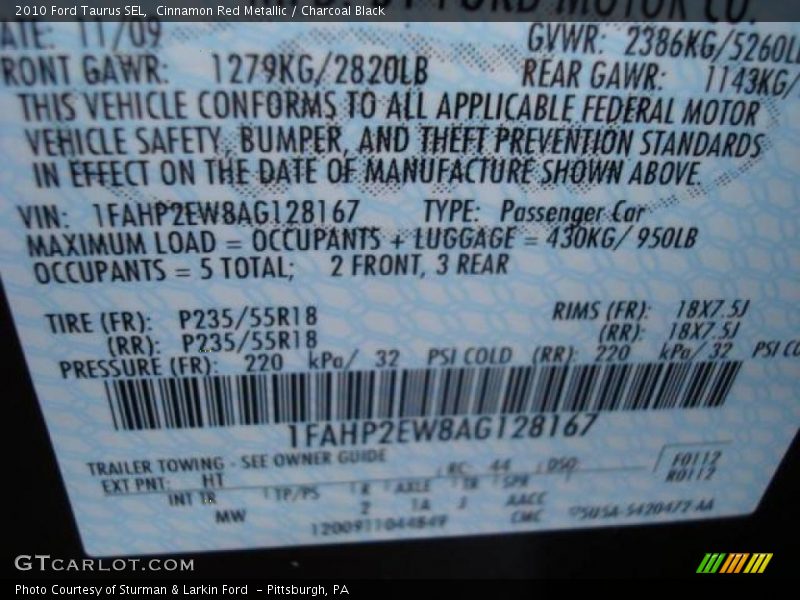 Cinnamon Red Metallic / Charcoal Black 2010 Ford Taurus SEL