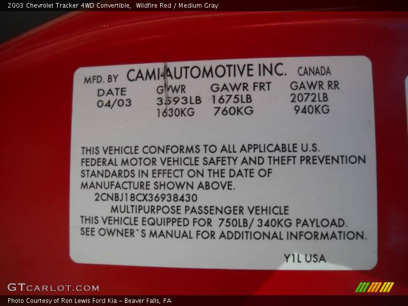 Wildfire Red / Medium Gray 2003 Chevrolet Tracker 4WD Convertible