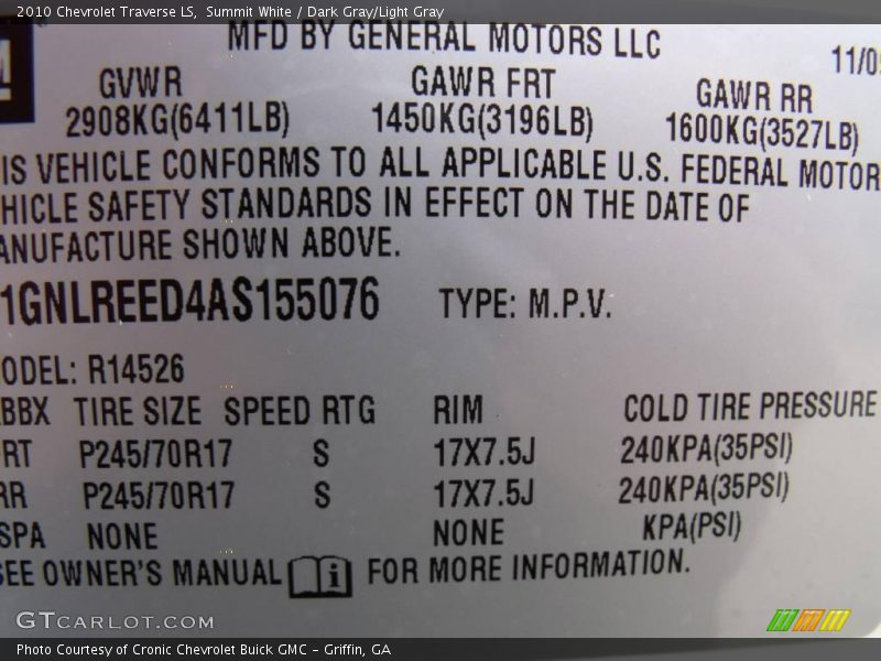 Summit White / Dark Gray/Light Gray 2010 Chevrolet Traverse LS