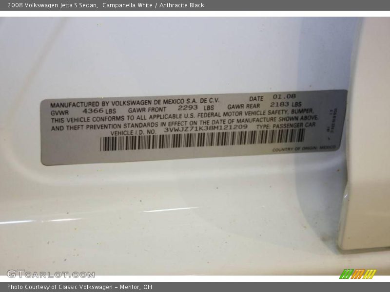 Campanella White / Anthracite Black 2008 Volkswagen Jetta S Sedan