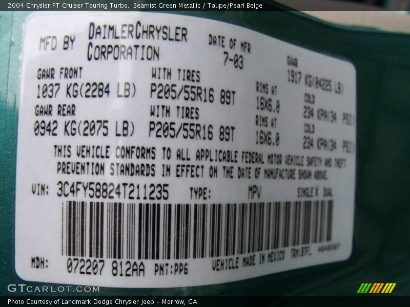 2004 PT Cruiser Touring Turbo Seamist Green Metallic Color Code PP6