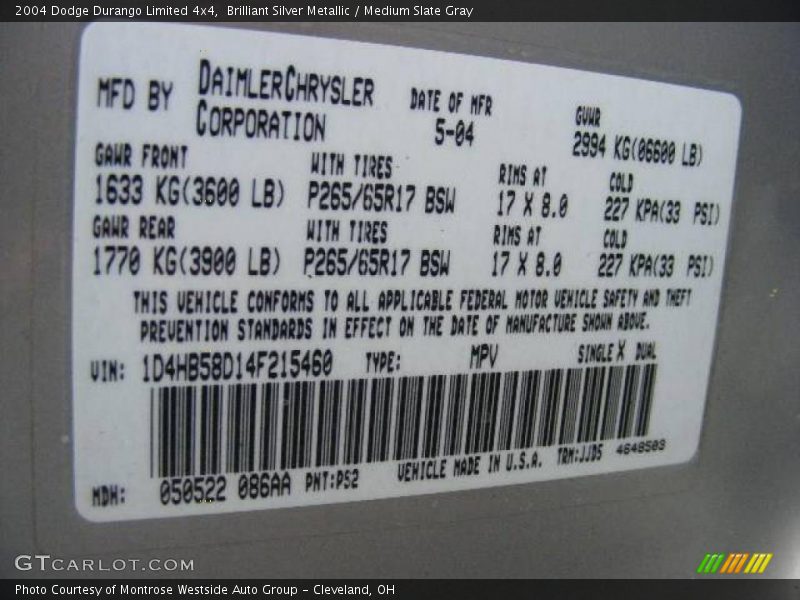 Brilliant Silver Metallic / Medium Slate Gray 2004 Dodge Durango Limited 4x4