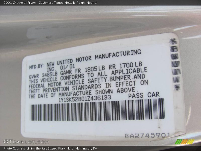 Cashmere Taupe Metallic / Light Neutral 2001 Chevrolet Prizm