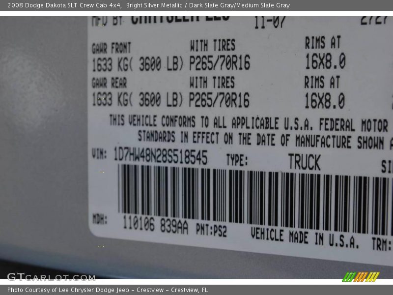 Bright Silver Metallic / Dark Slate Gray/Medium Slate Gray 2008 Dodge Dakota SLT Crew Cab 4x4