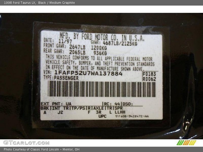 Black / Medium Graphite 1998 Ford Taurus LX