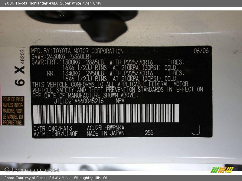 Super White / Ash Gray 2006 Toyota Highlander 4WD