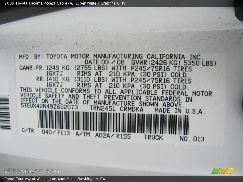 Super White / Graphite Gray 2009 Toyota Tacoma Access Cab 4x4