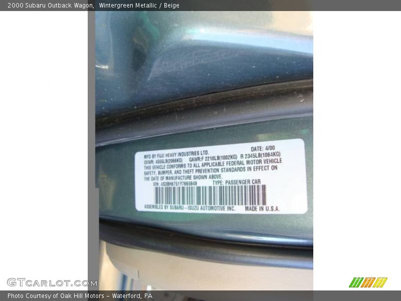 Wintergreen Metallic / Beige 2000 Subaru Outback Wagon