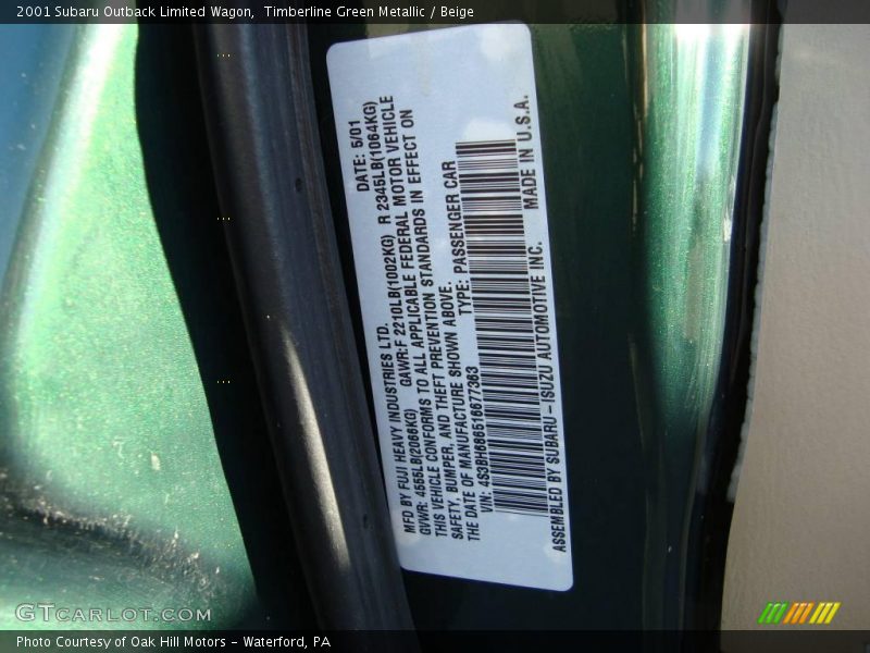 Timberline Green Metallic / Beige 2001 Subaru Outback Limited Wagon