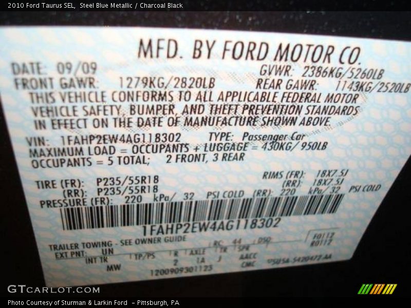 Steel Blue Metallic / Charcoal Black 2010 Ford Taurus SEL