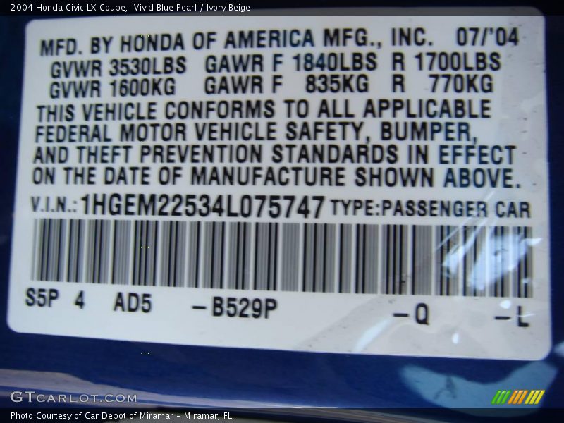 Vivid Blue Pearl / Ivory Beige 2004 Honda Civic LX Coupe