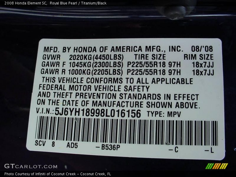 Royal Blue Pearl / Titanium/Black 2008 Honda Element SC