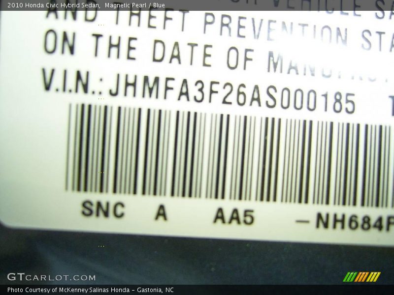 2010 Civic Hybrid Sedan Magnetic Pearl Color Code NH684P