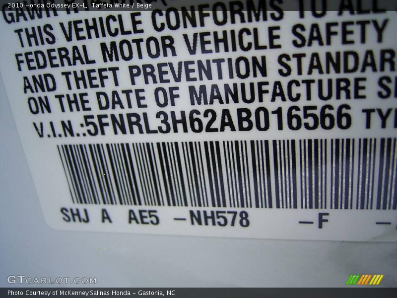 Taffeta White / Beige 2010 Honda Odyssey EX-L